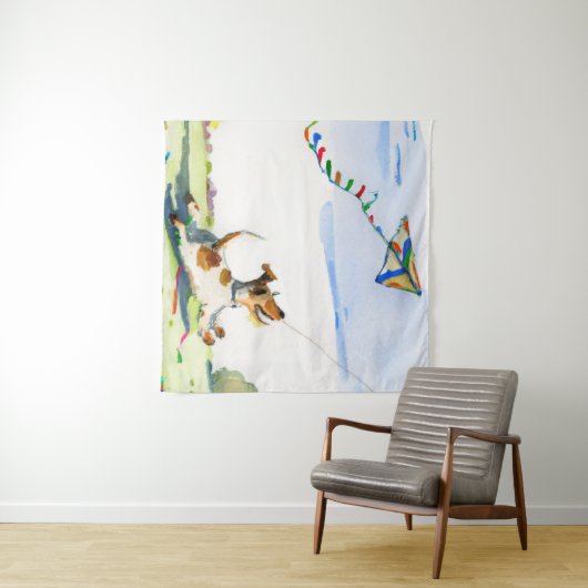 Fox Terrier Chasing a Kite in de Park Waterverf Wandkleed (In Situ (horizontaal))