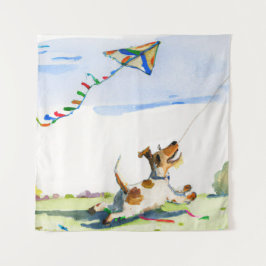 Fox Terrier Chasing a Kite in de Park Waterverf Wandkleed