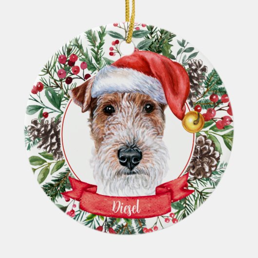Fox Terrier Custom Santa Dog kerstversiering Keramisch Ornament (Voorkant)