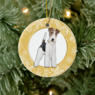 Fox Terrier Dog Gold Snowflake Border Keramisch Ornament