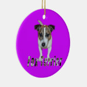 Fox Terrier met Logo, Paars keramisch Ornament. Ornament (Rechts)