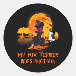 Fox Terrier Rijdt Schotshot Hond En Heks Halloween Ronde Sticker