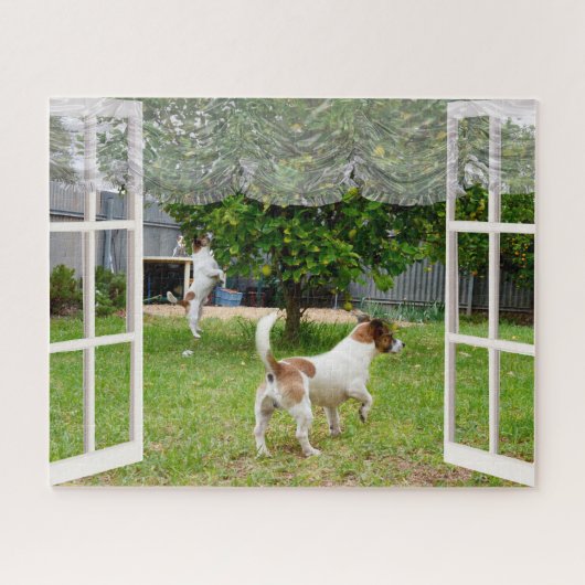 Fox Terriers die de tuin verkennen,  Legpuzzel (Horizontaal)