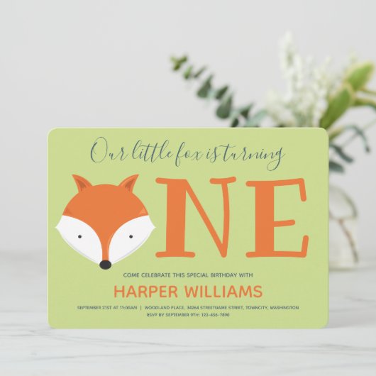 Fox Turing One First Animal Birthday Kaart (Staand voorkant)