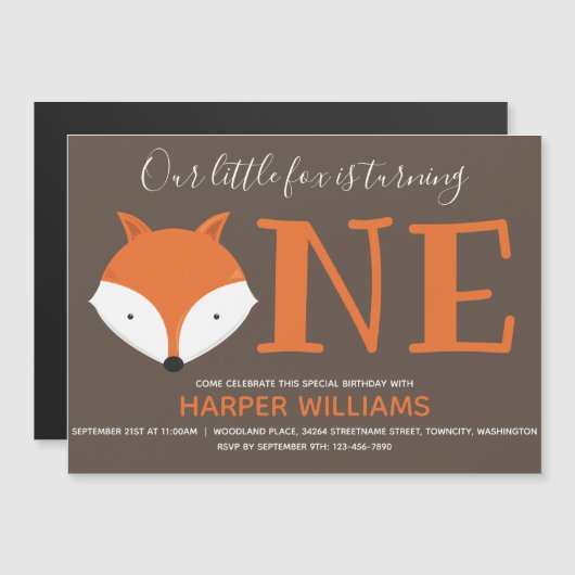 Fox Turing One First Animal Birthday Magnetische Uitnodiging (Voorkant / Achterkant)