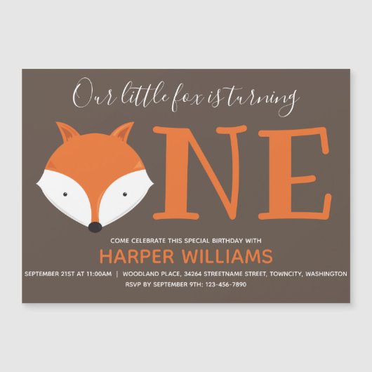 Fox Turing One First Animal Birthday Magnetische Uitnodiging (Voorkant)