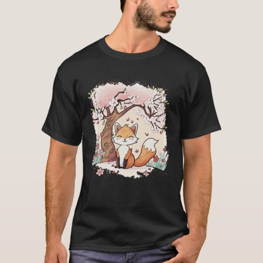 Fox Vaporwave Under Cherry Blossom Japanese Aesthe T-shirt (Voorkant)