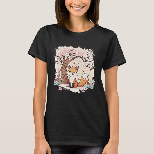 Fox Vaporwave Under Cherry Blossom Japanese Aesthe T-shirt (Voorkant)