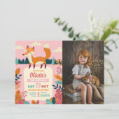 Fox Verjaardagsfeest Bos Thema Foto Roze Meisje Kaart (Staand voorkant)