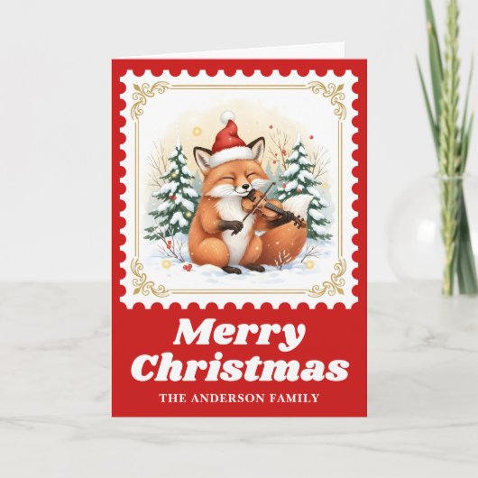 Fox Violin Retro Postage Stamp Christmas Feestdagen Kaart (Voorkant)