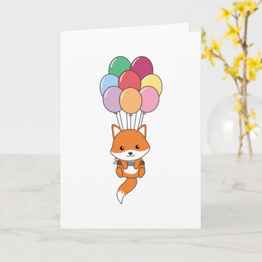 Fox vliegt omhoog met kleurrijke ballonnen kaart (Gele Bloem)
