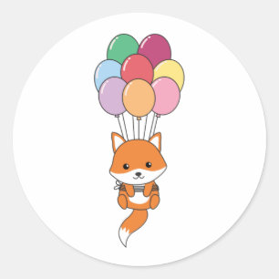 Fox vliegt omhoog met kleurrijke ballonnen ronde sticker