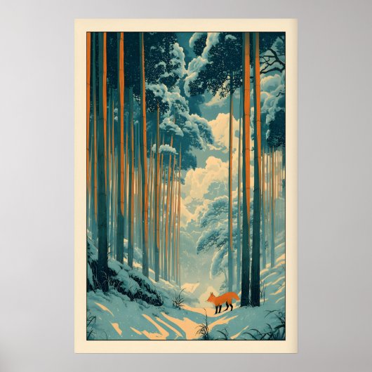 Fox Wall Art Print Winter Bamboo Forest - Vertical (Voorkant)