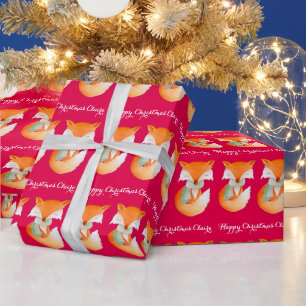 Fox welp winter art naam kerst rood wrap cadeaupapier