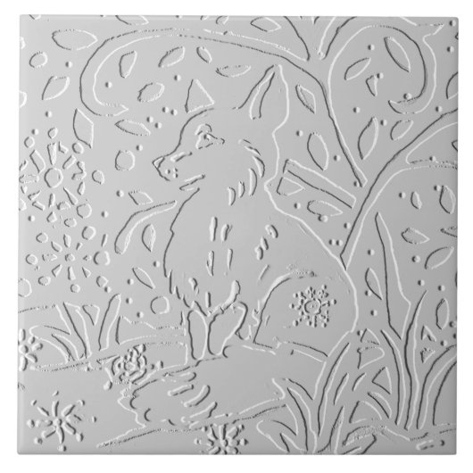 Fox White Grey Black Embossed Woodland Snowflakes Tegeltje (Voorkant)