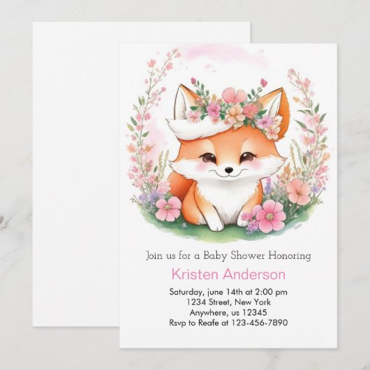 Fox Wildflower Woodland Meisje Baby shower Kaart (Voorkant / Achterkant)