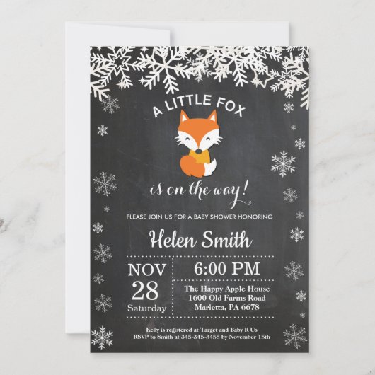 Fox Winter Baby shower Chalkboard Uitnodiging (Voorkant)