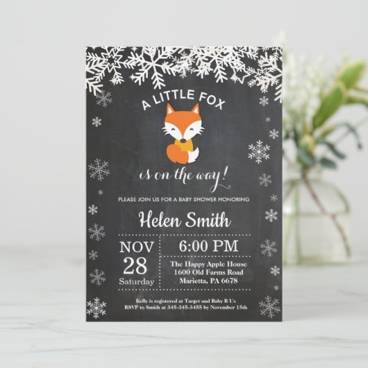 Fox Winter Baby shower Chalkboard Uitnodiging (Staand voorkant)