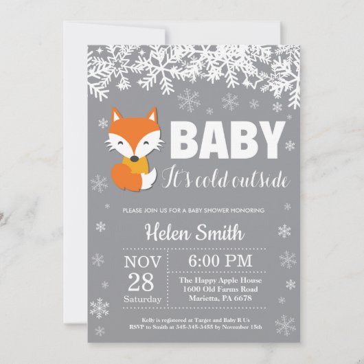Fox Winter Baby shower Snowflake Invitation Kaart (Voorkant)