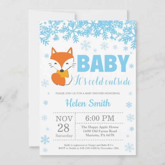 Fox Winter Blue Boy Baby shower Snowflake Kaart (Voorkant)