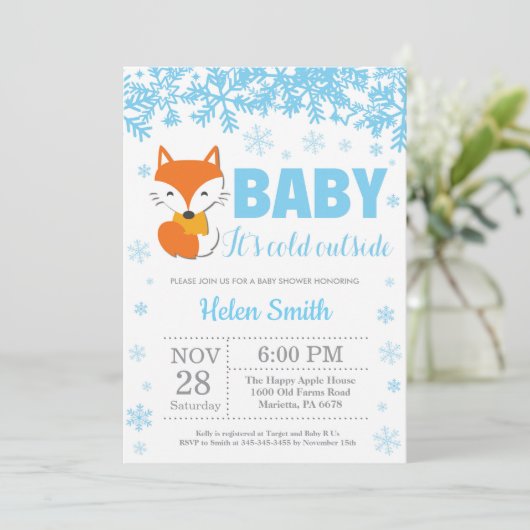 Fox Winter Blue Boy Baby shower Snowflake Kaart (Staand voorkant)