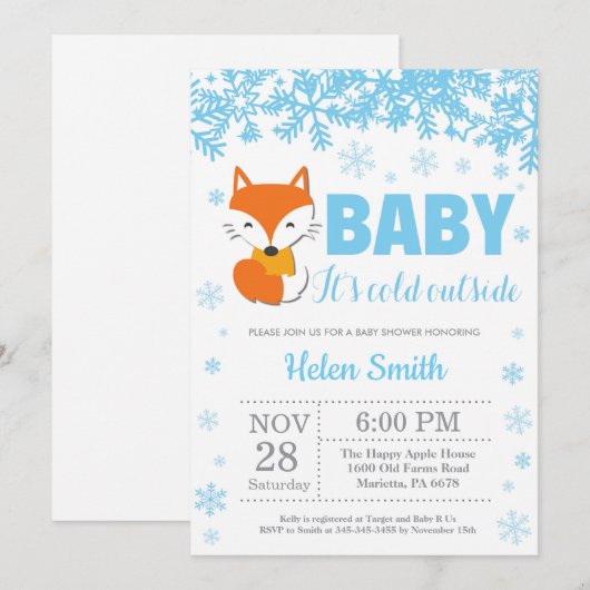 Fox Winter Blue Boy Baby shower Snowflake Kaart (Voorkant / Achterkant)