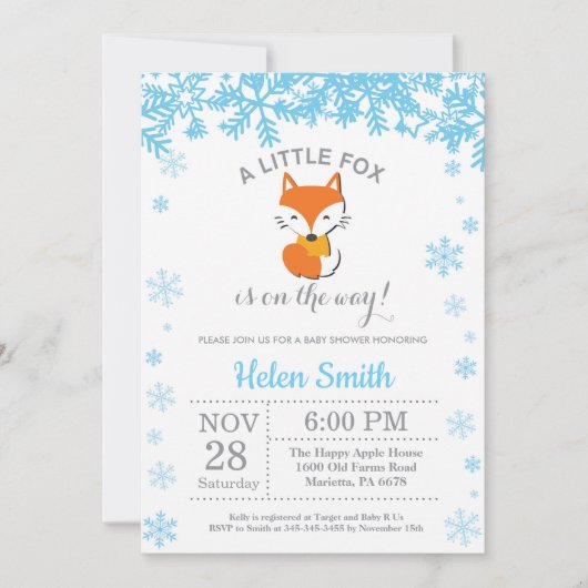 Fox Winter Blue Boy Baby shower Snowflake Kaart (Voorkant)