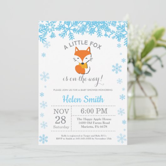 Fox Winter Blue Boy Baby shower Snowflake Kaart (Staand voorkant)