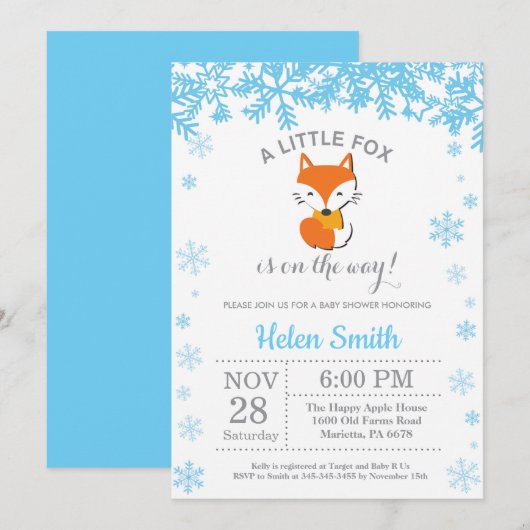 Fox Winter Blue Boy Baby shower Snowflake Kaart (Voorkant / Achterkant)
