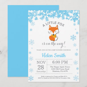 Fox Winter Blue Boy Baby shower Snowflake Kaart