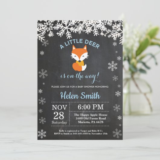 Fox Winter Boy Baby shower Chalkboard Uitnodiging (Staand voorkant)
