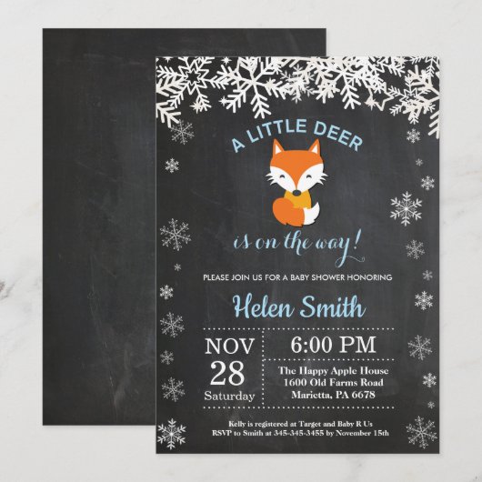 Fox Winter Boy Baby shower Chalkboard Uitnodiging (Voorkant / Achterkant)