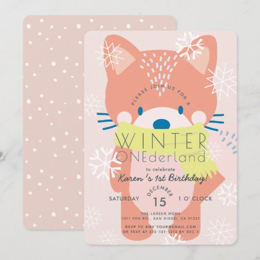 Fox Winter Onederland Roze 1e verjaardag uitnodigi Kaart (Voorkant / Achterkant)
