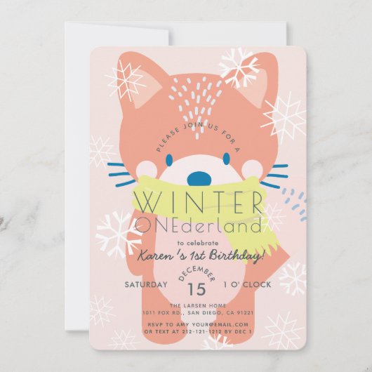 Fox Winter Onederland Roze 1e verjaardag uitnodigi Kaart (Voorkant)