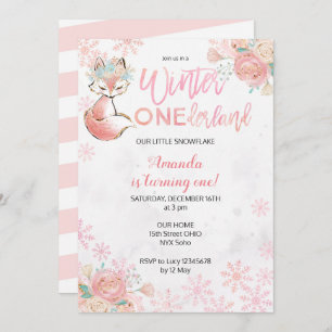 Fox Winter ONEderland Snow Birthday Invite Kaart