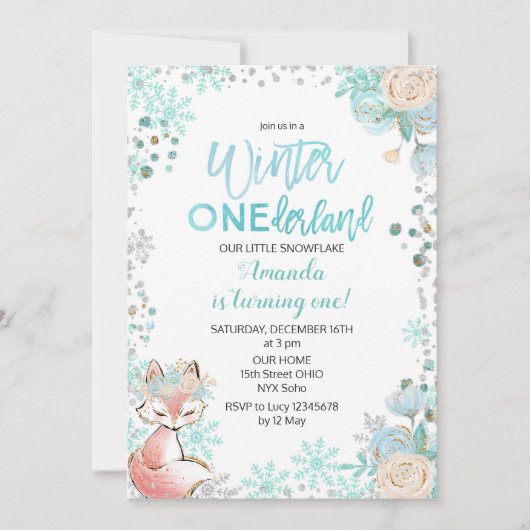 Fox Winter ONEderland Snow Birthday Invite Mint Kaart (Voorkant)