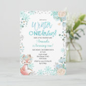 Fox Winter ONEderland Snow Birthday Invite Mint Kaart (Staand voorkant)