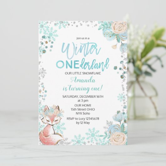 Fox Winter ONEderland Snow Birthday Invite Mint Kaart (Staand voorkant)