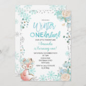 Fox Winter ONEderland Snow Birthday Invite Mint Kaart (Voorkant / Achterkant)