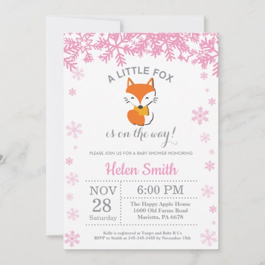 Fox Winter Pink Girl Baby shower Snowflake Kaart (Voorkant)