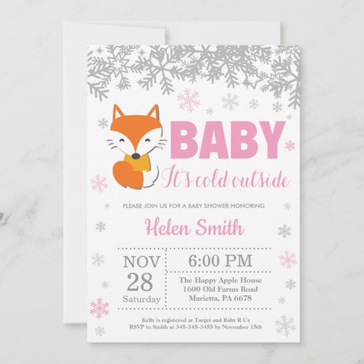 Fox Winter Pink Girl Baby shower Snowflake Kaart (Voorkant)
