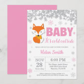 Fox Winter Pink Girl Baby shower Snowflake Kaart (Voorkant / Achterkant)