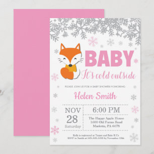 Fox Winter Pink Girl Baby shower Snowflake Kaart