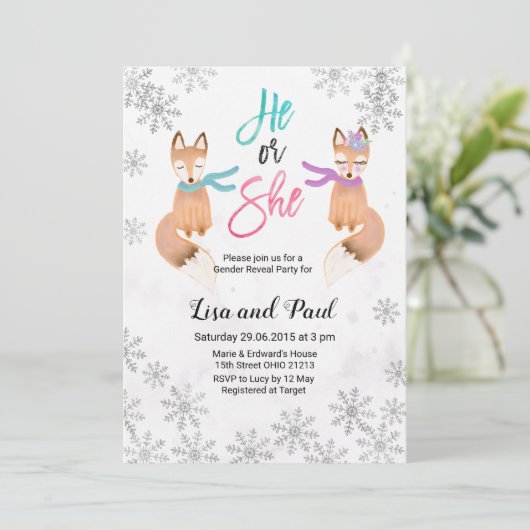 Fox Winter Silver uitnodiging voor genderonthullin (Staand voorkant)