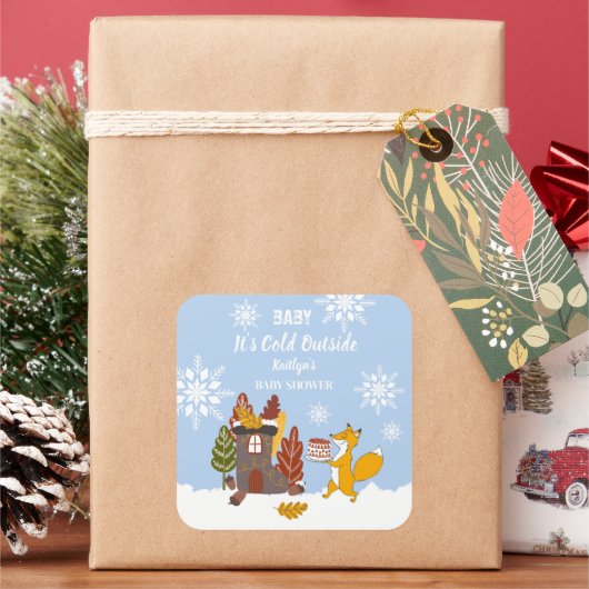 Fox Winter Snowflakes Baby shower cadeau Vierkante Sticker (Feestdagen)