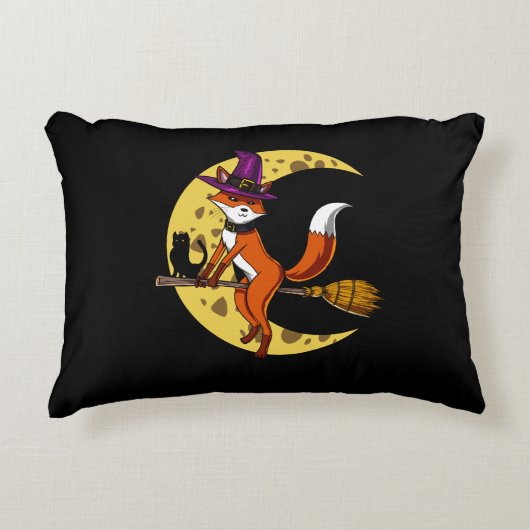 Fox Witch RIding a Broom Funny Halloween Animal Accent Kussen (Voorkant)