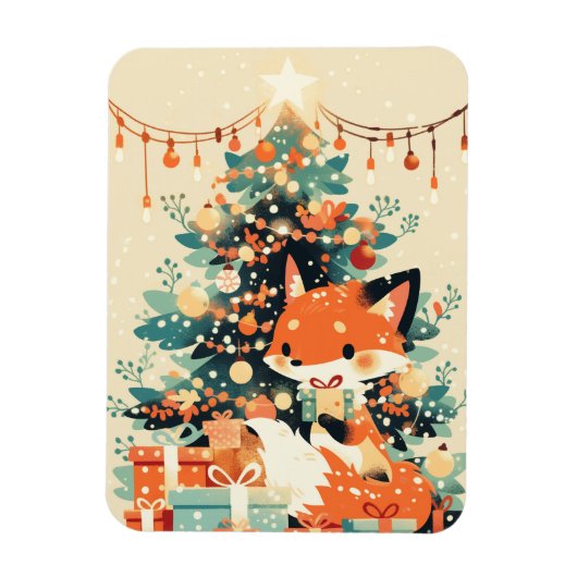Fox with Christmas Tree and Gifts Magneet (Verticaal)