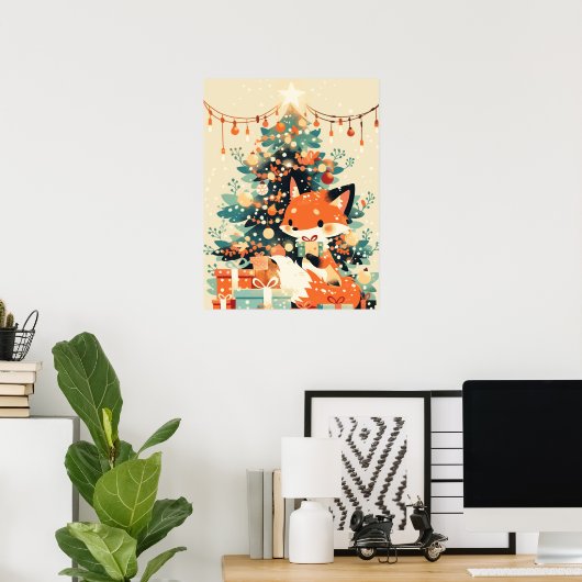 Fox with Christmas Tree and Gifts Poster (Thuiskantoor)