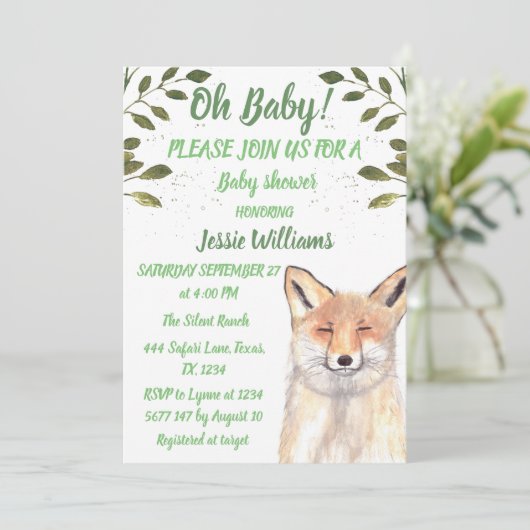 Fox Woodland Animal Green Rustic Baby boy douche Kaart (Staand voorkant)