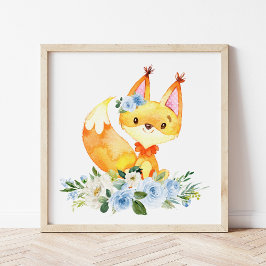 Fox, Woodland Animals, Boho, Blue Flowers Foto Afdruk